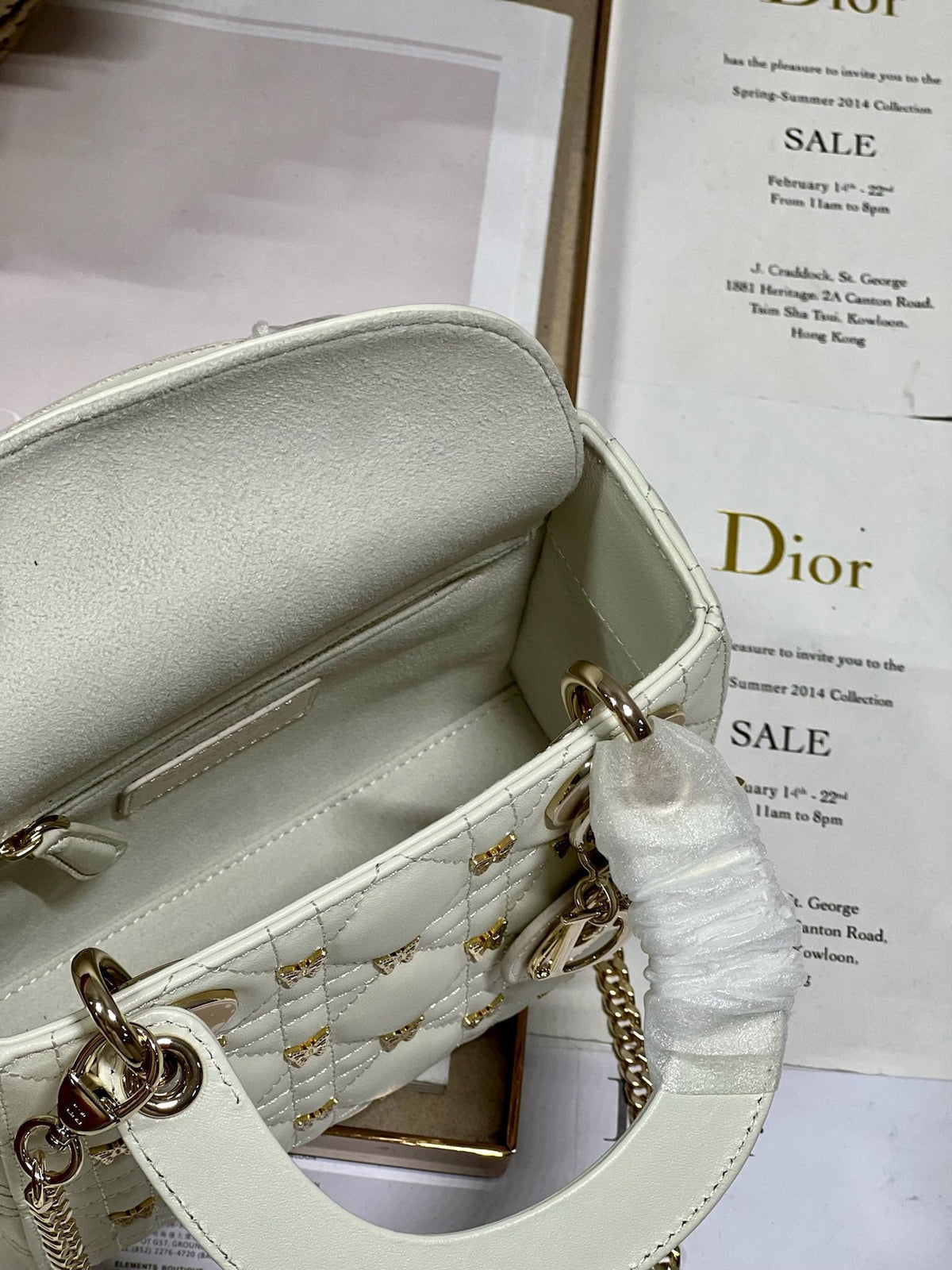 DIOR MINI LADY 17 BUTTERFLY STUD WHITE LAMBSKIN