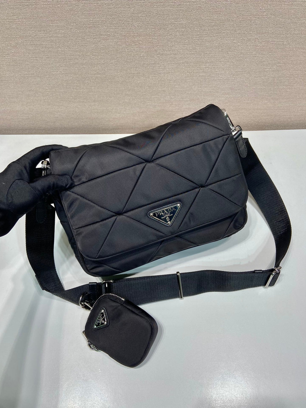 PRADA MEDIUM FLAP BAG 24 IN BLACK TRIANGULAR QUILTED PATTERN RE-NYLON
