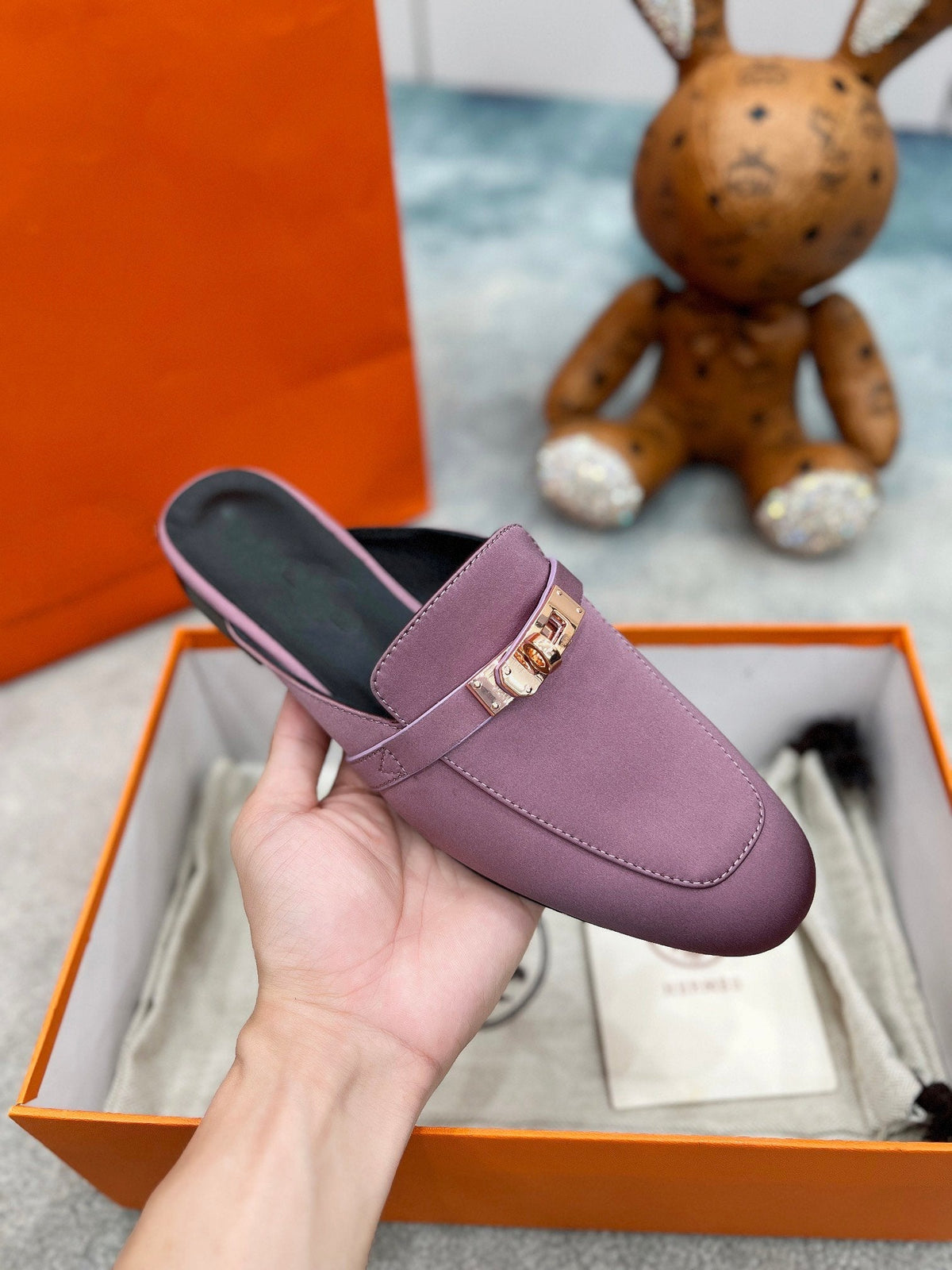 HERMES 0Z Mule Purple Silk Thick Cloth/Sheepskin