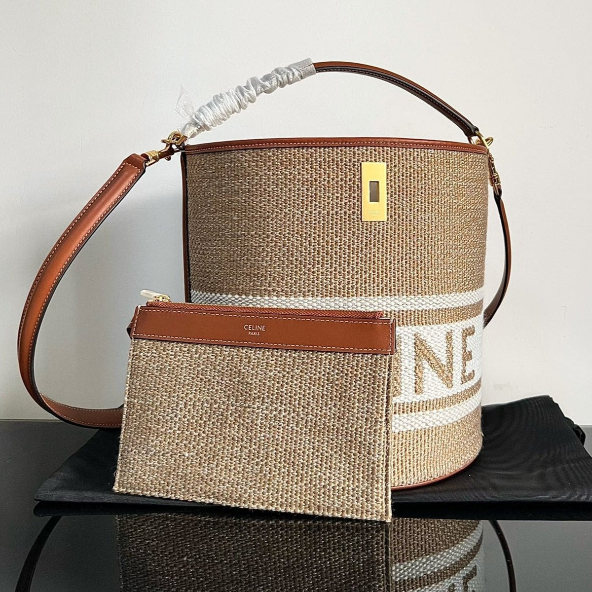 CELINE WOOL BUCKET BAG 24 BEIGE CREAM ORIGINAL CALFSKIN