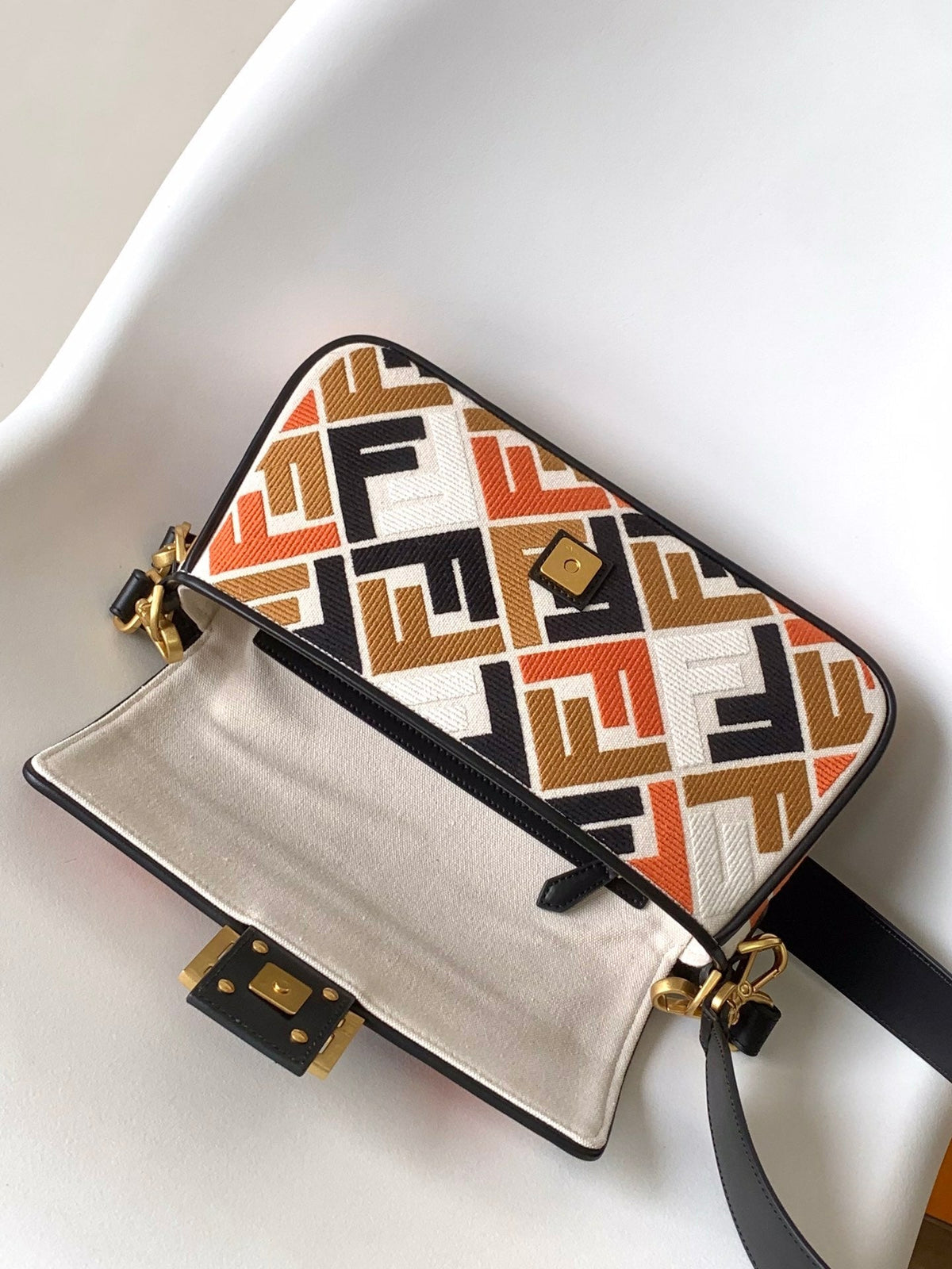 Fend Baguette Black White Brown Orange Canvas Bag 27 with FF Embroidery Ghw