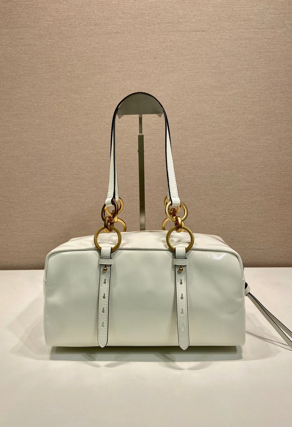 PRADA LARGE RECTANGULAR BAG 30 IN WHITE OIL WAX LAMBSKIN GOLD HARDWARE