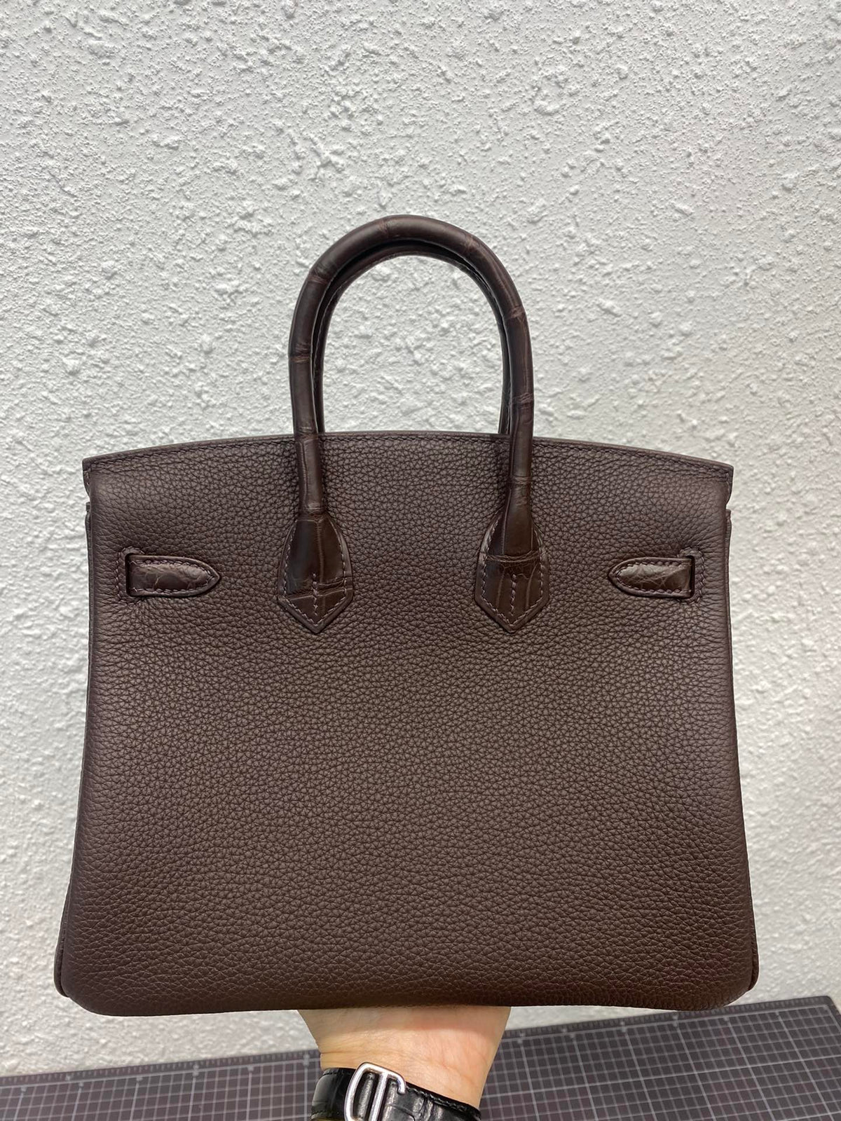 HERMES BIRKIN 25CM CAFE CROCODILE AND TOGO LEATHER SILVER HARDWARE