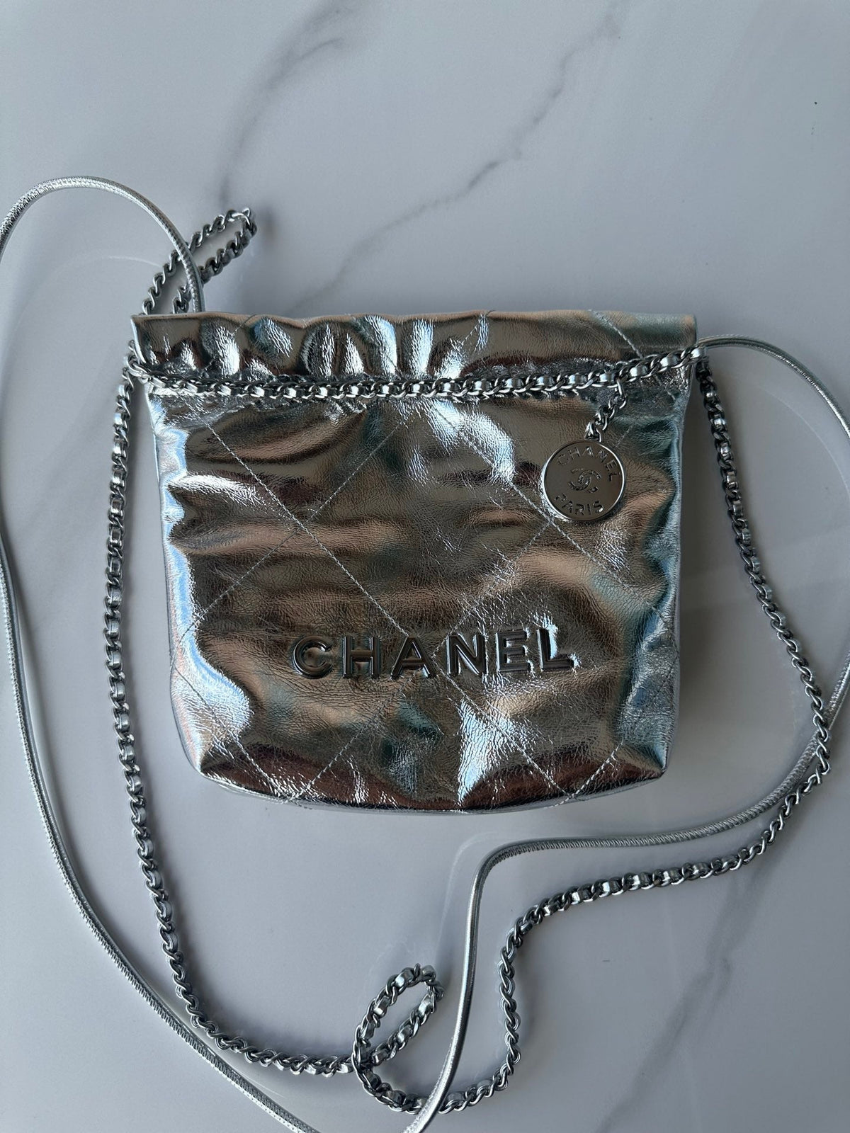 CHANEL MINI 20 BAG IN SILVER METALLIC LAMBSKIN