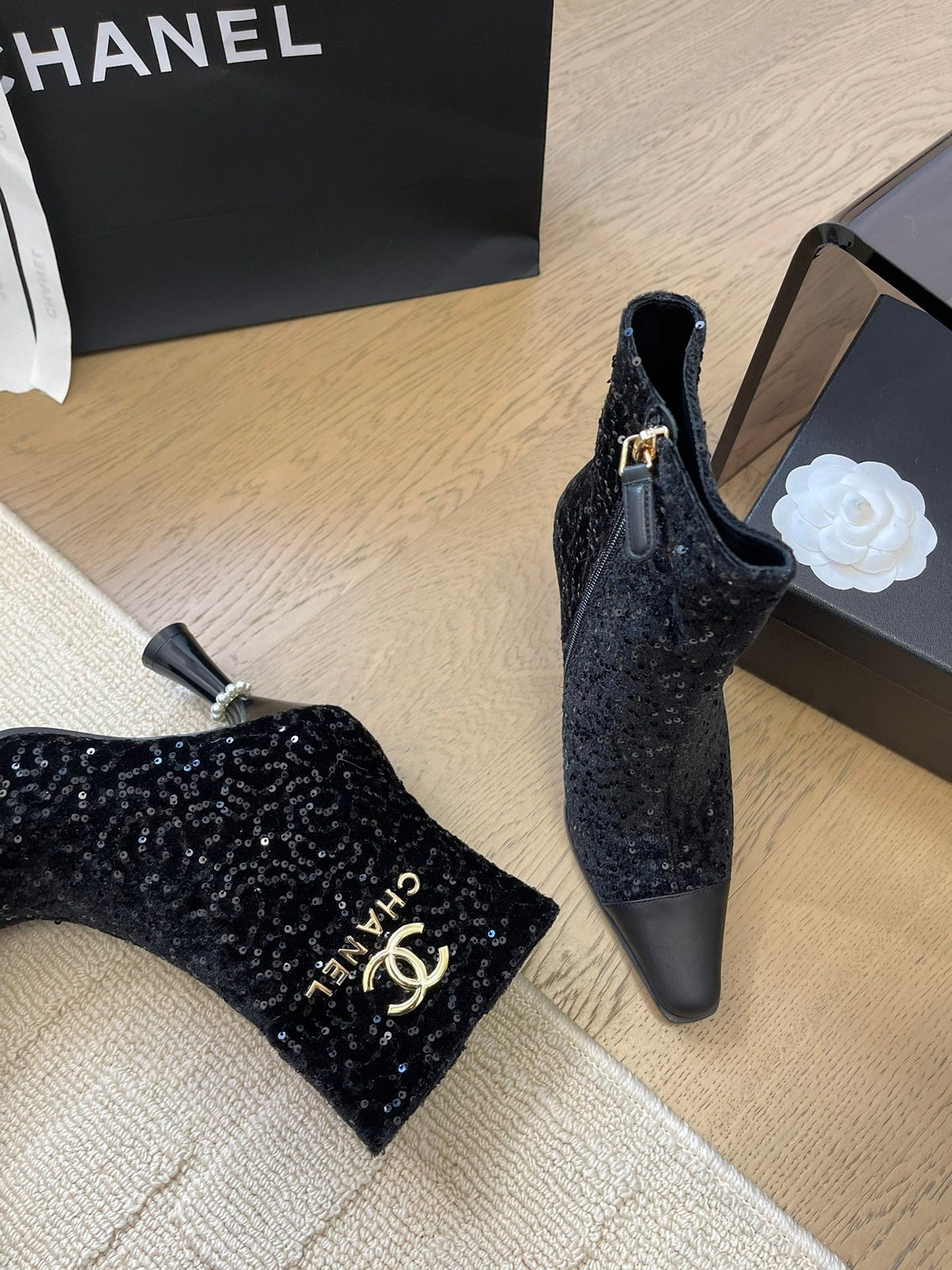 CHANEL BONGADE BOOTS IN BLACK CALFSKIN AND SEQUINS