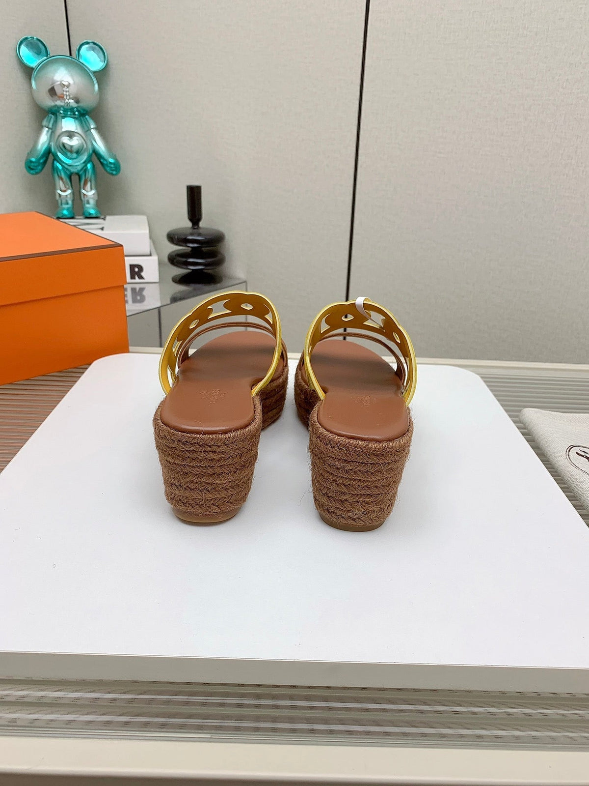 HERMES ITHEA 85 MM ESPADRILLE IN BRONZE BROWN AND AMBER YELLOW SUEDE