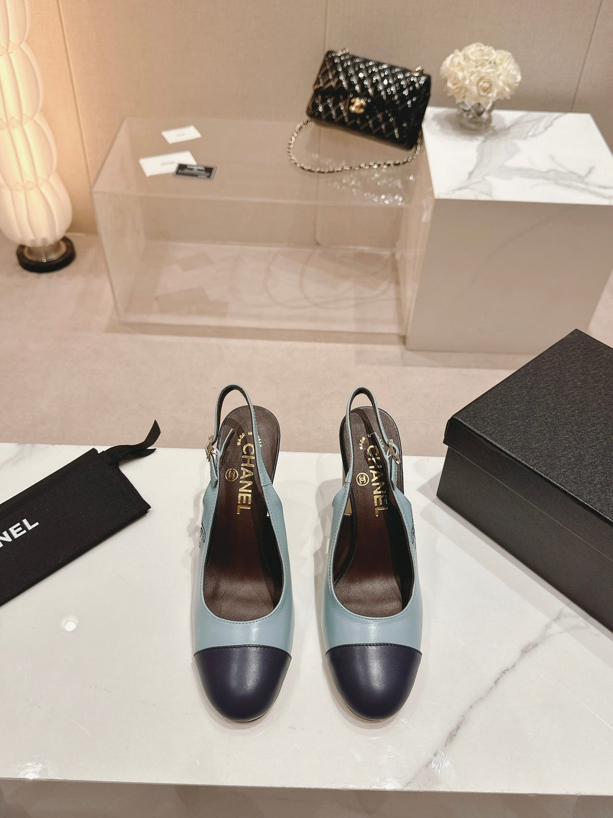 CHANEL HIGH SLINGBACKS LIGHT BLUE MIX BLACK SHEEPSKIN