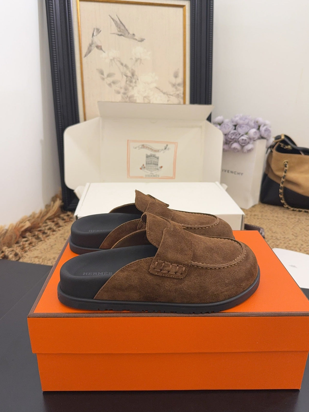 HERMES 25S MULE IN BROWN SUEDE