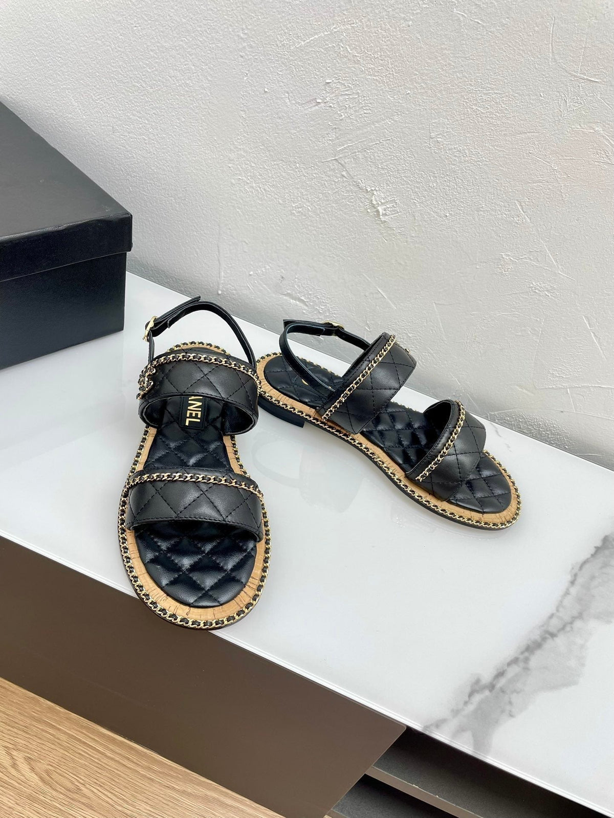 CHANEL DOUBLE STRAPS SANDALS IN BLACK LAMBSKIN