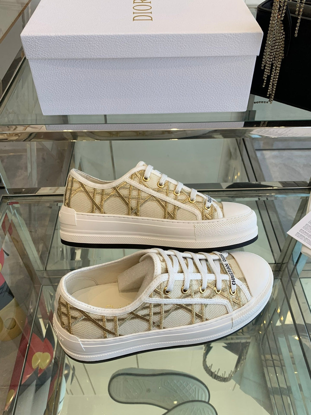 DIOR WALK'N PLATFORM SNEAKER IN BEIGE-GOLD TONE EMBROIDERED FABRIC