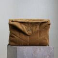YSL 25S LOULOU PUFFER GM 35 IN TAN BROWN SUEDE GOLD HARDWARE
