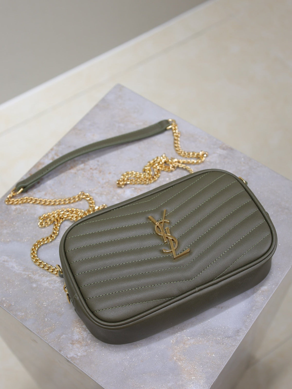 LOU MINI CAMERA BAG 18 IN KOMBU GREEN QUILTED CALFSKIN
